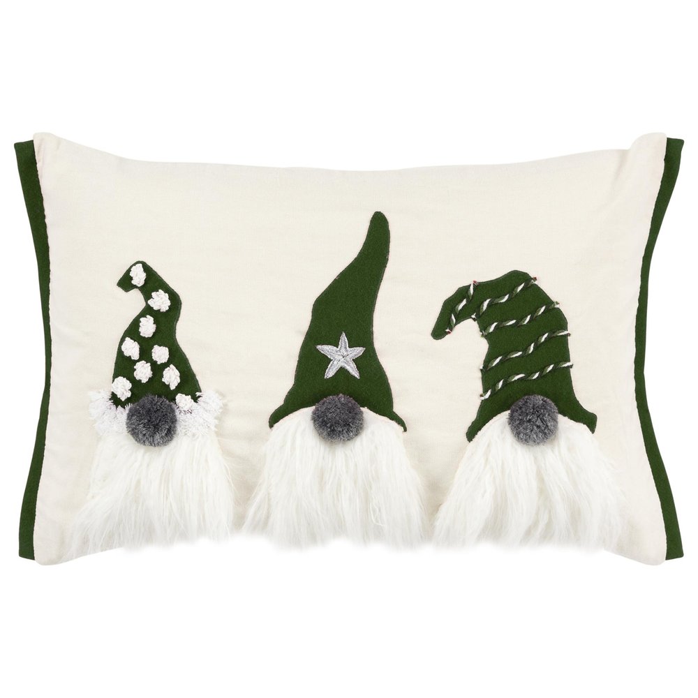 14" X 20" Green And Ivory Cotton Christmas Gnomes Throw Pillow With Embroidery — view 2