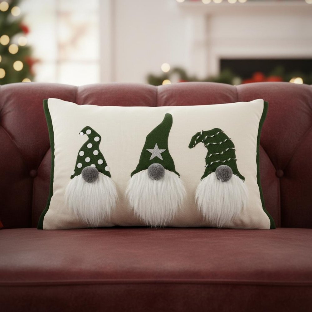 14" X 20" Green And Ivory Cotton Christmas Gnomes Throw Pillow With Embroidery — view 4