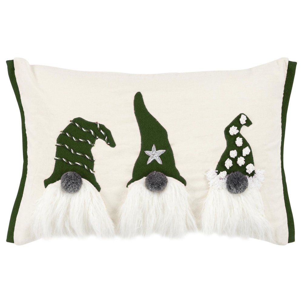 14" X 20" Green And Ivory Cotton Christmas Gnomes Throw Pillow With Embroidery — view 5
