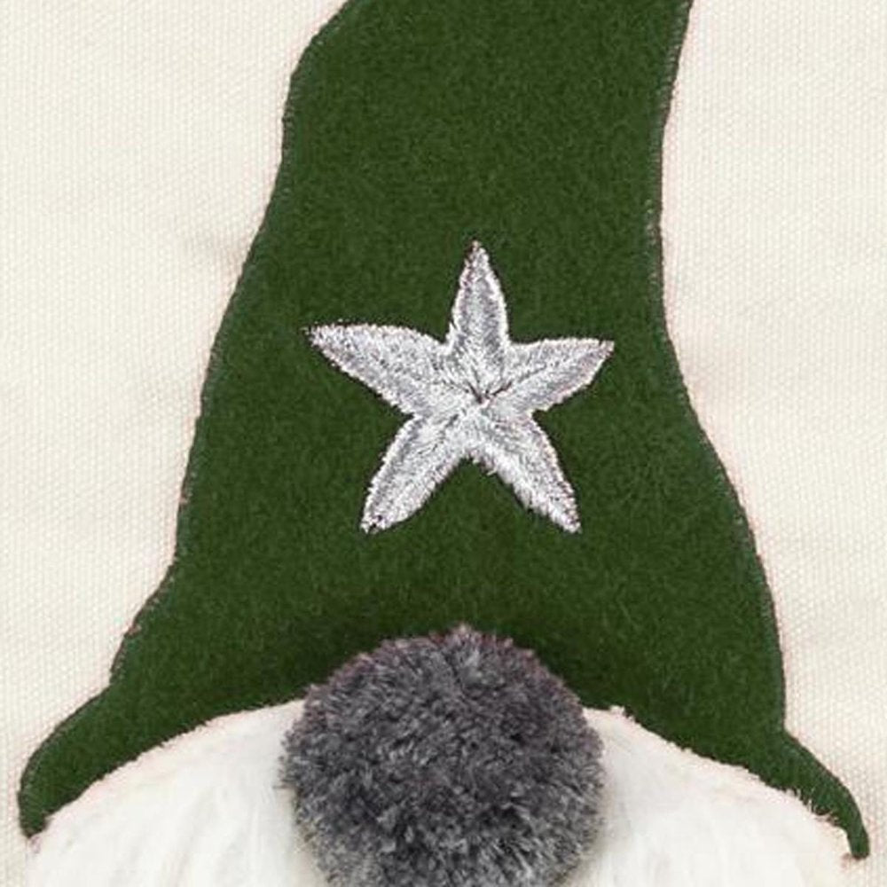 14" X 20" Green And Ivory Cotton Christmas Gnomes Throw Pillow With Embroidery