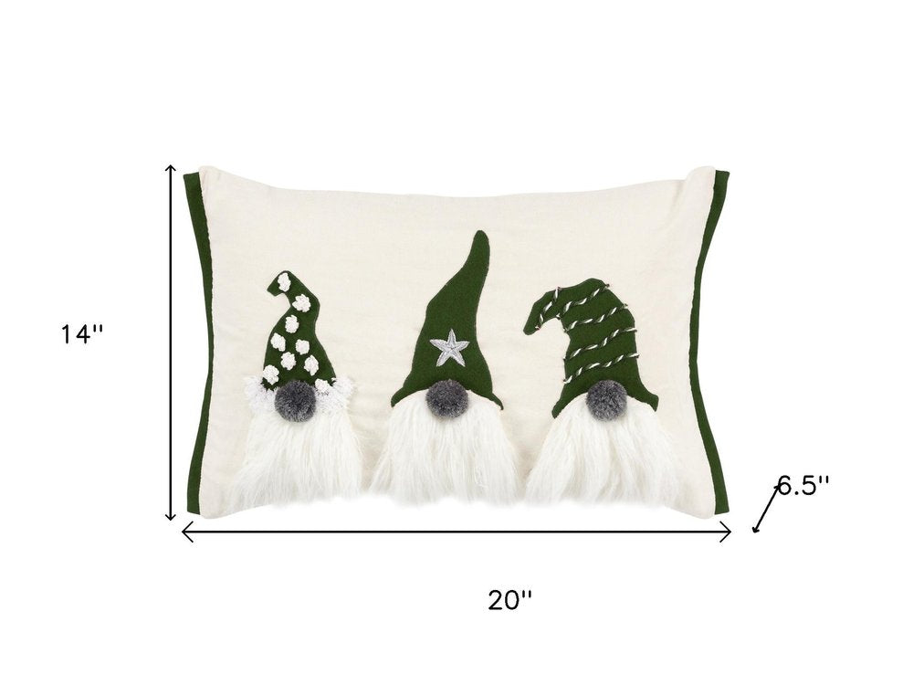 14" X 20" Green And Ivory Cotton Christmas Gnomes Throw Pillow With Embroidery — view 6