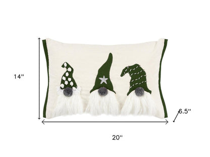 14" X 20" Green And Ivory Cotton Christmas Gnomes Throw Pillow With Embroidery