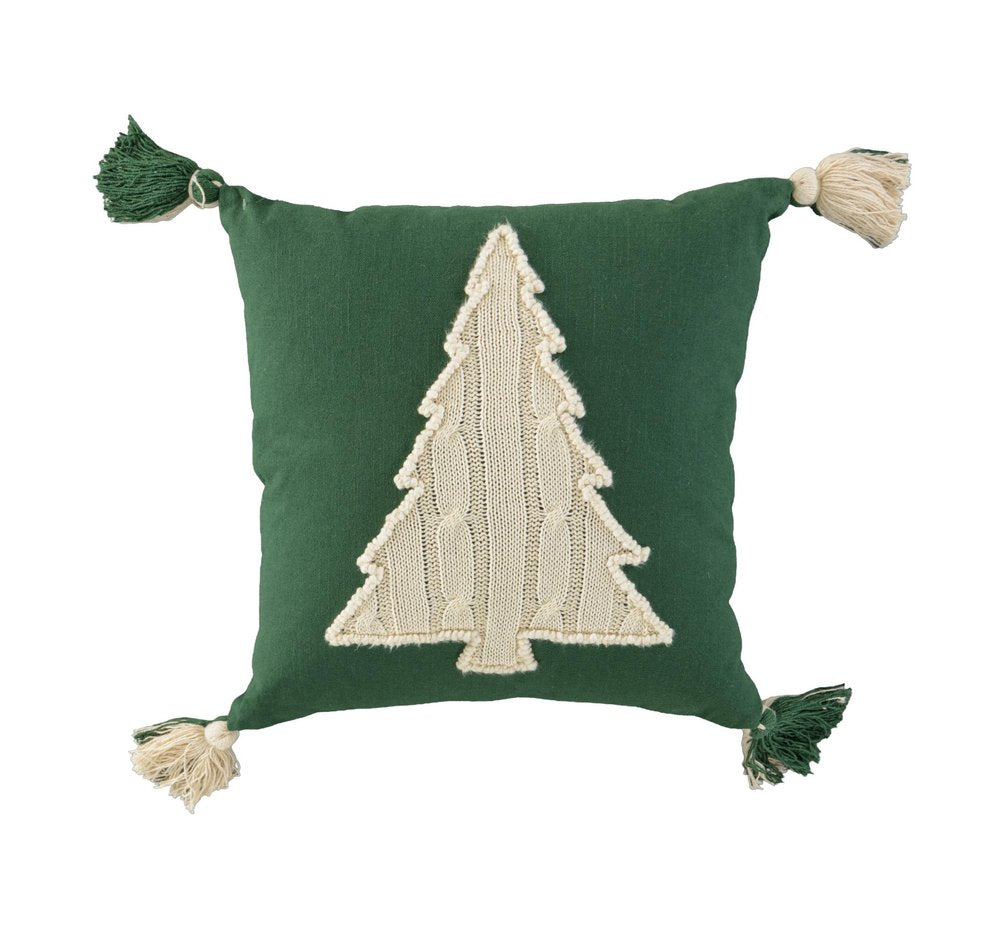 18" Green And Ivory Cotton Christmas Tree Throw Pillow with Tassels — view 3