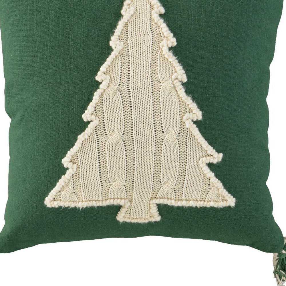 18" Green And Ivory Cotton Christmas Tree Throw Pillow with Tassels — view 5