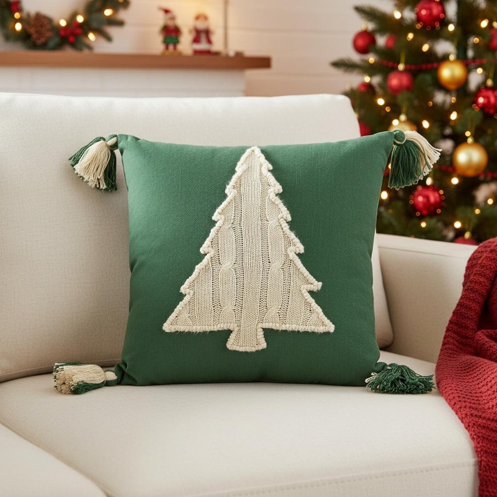 18" Green And Ivory Cotton Christmas Tree Throw Pillow with Tassels — view 4