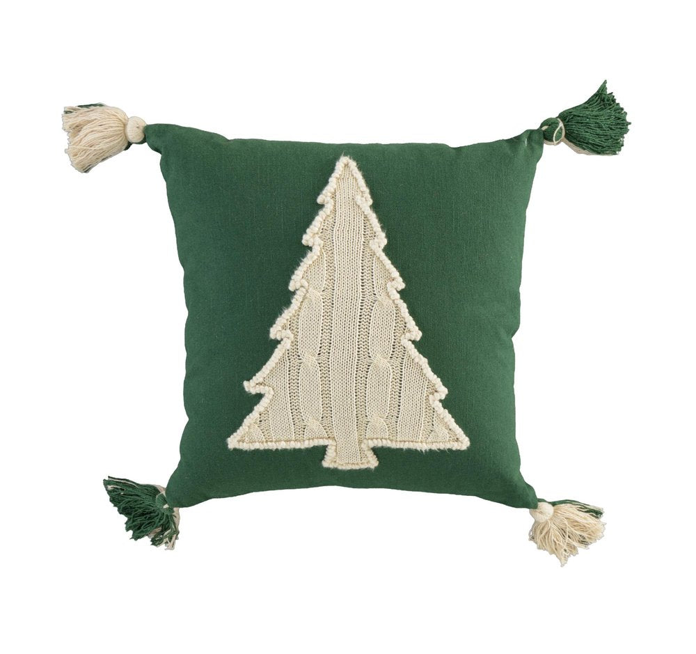 18" Green And Ivory Cotton Christmas Tree Throw Pillow with Tassels — view 6