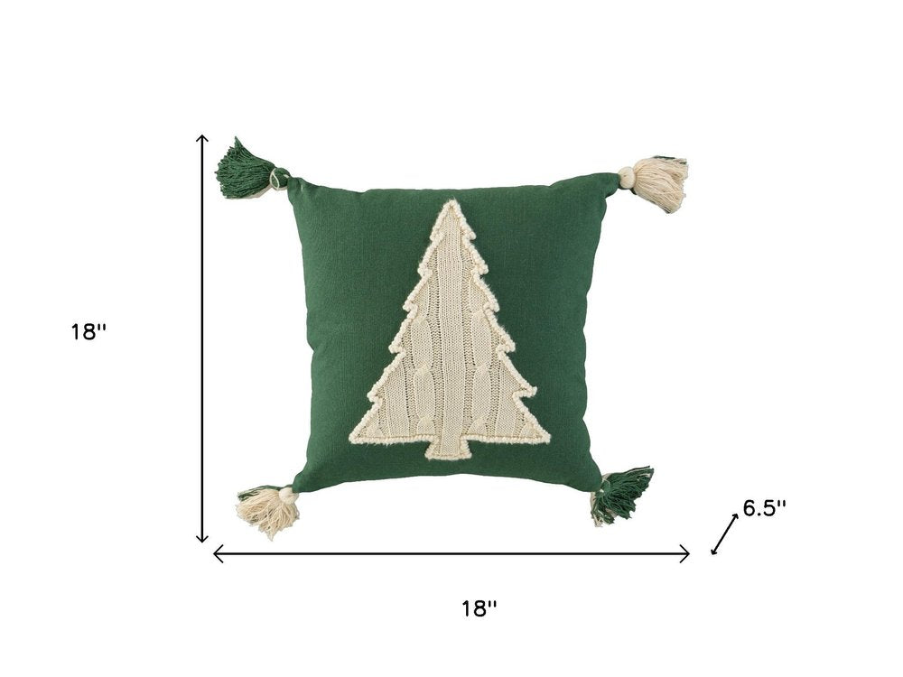 18" Green And Ivory Cotton Christmas Tree Throw Pillow with Tassels — view 7