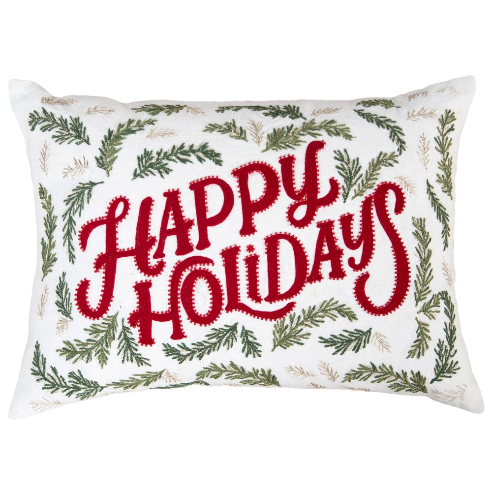 14" X 20" Ivory Red And Green Cotton Happy Holidays Throw Pillow With Embroidery