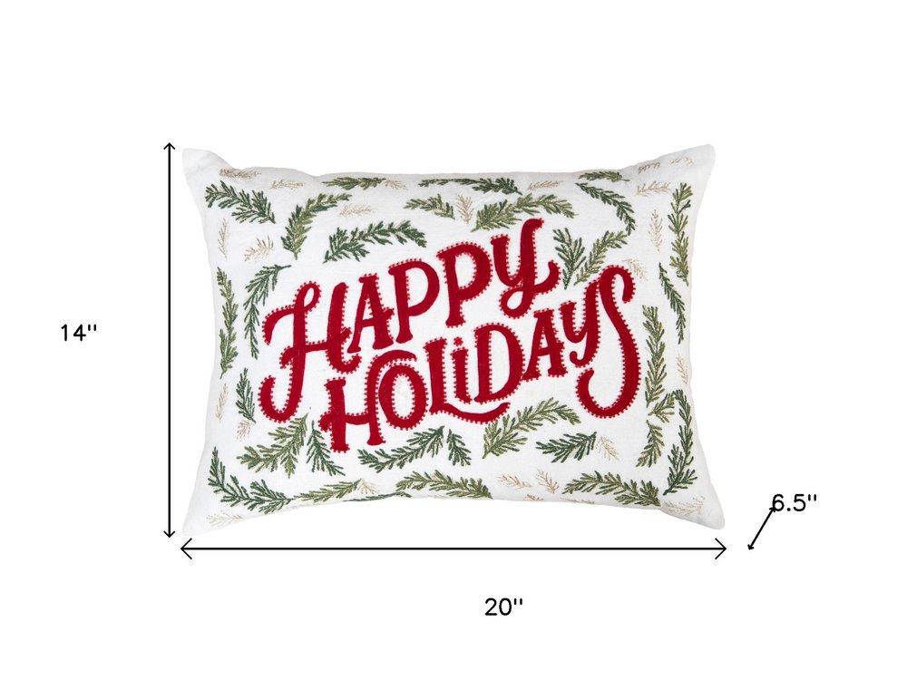 14" X 20" Ivory Red And Green Cotton Happy Holidays Throw Pillow With Embroidery