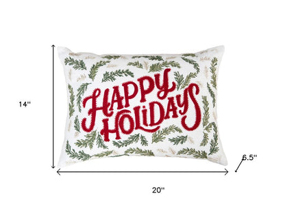 14" X 20" Ivory Red And Green Cotton Happy Holidays Throw Pillow With Embroidery