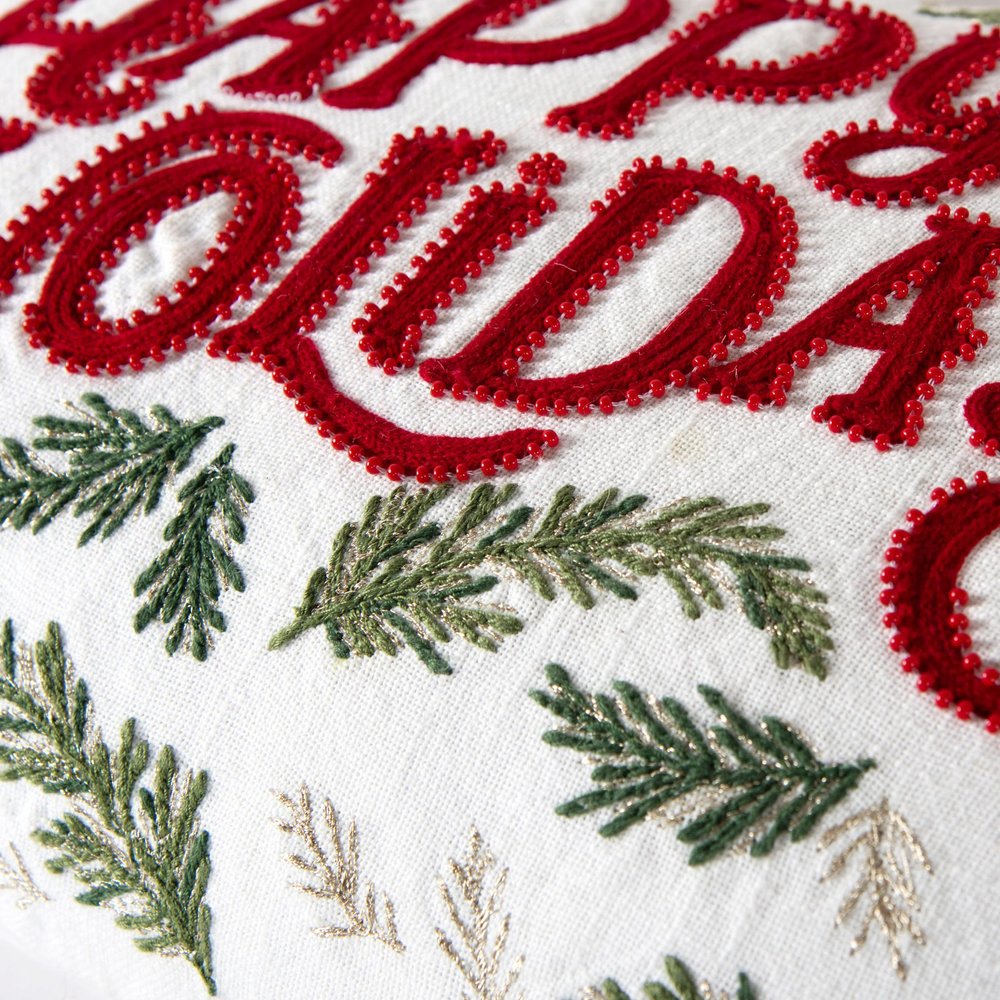 14" X 20" Ivory Red And Green Cotton Happy Holidays Throw Pillow With Embroidery — view 3