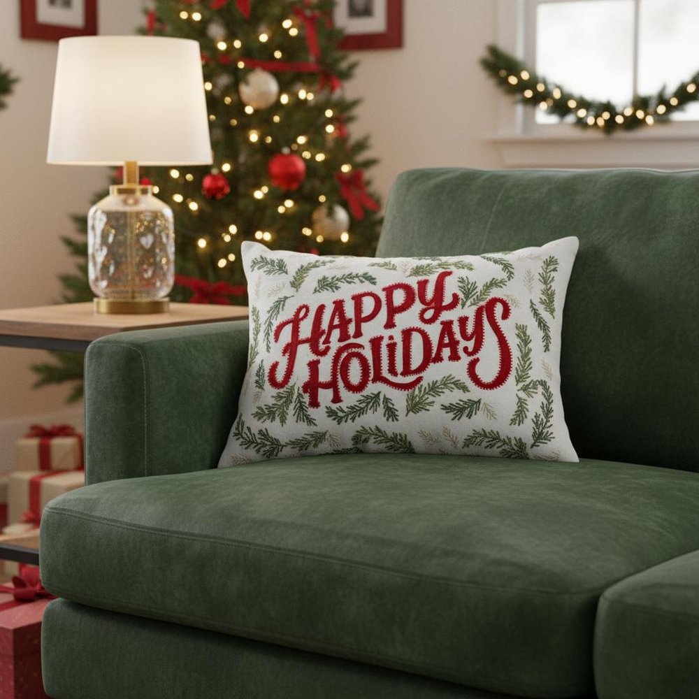 14" X 20" Ivory Red And Green Cotton Happy Holidays Throw Pillow With Embroidery