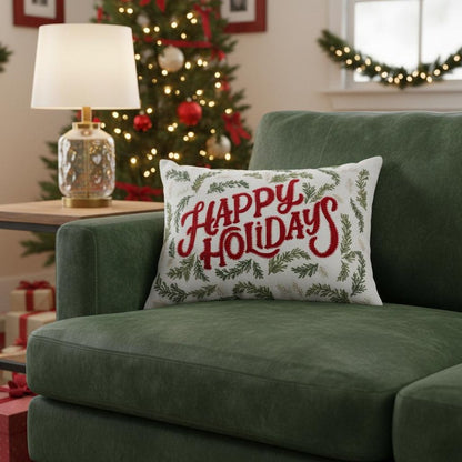 14" X 20" Ivory Red And Green Cotton Happy Holidays Throw Pillow With Embroidery
