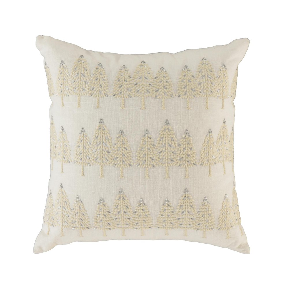 18" Ivory And Silver Cotton Christmas Trees Throw Pillow With Embroidery — view 2