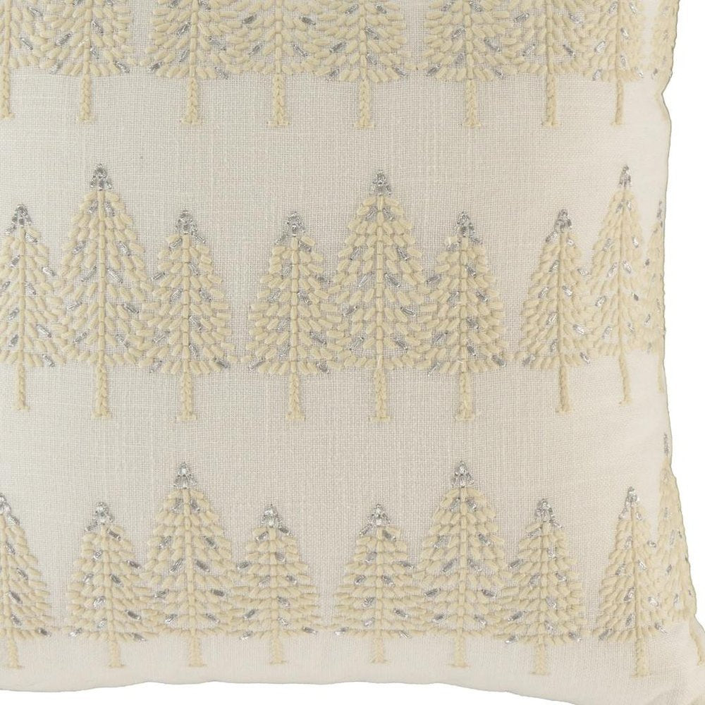 18" Ivory And Silver Cotton Christmas Trees Throw Pillow With Embroidery — view 4