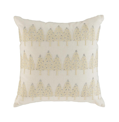 18" Ivory And Silver Cotton Christmas Trees Throw Pillow With Embroidery