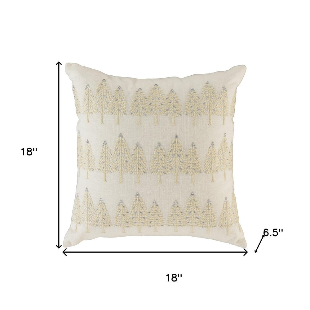 18" Ivory And Silver Cotton Christmas Trees Throw Pillow With Embroidery — view 6