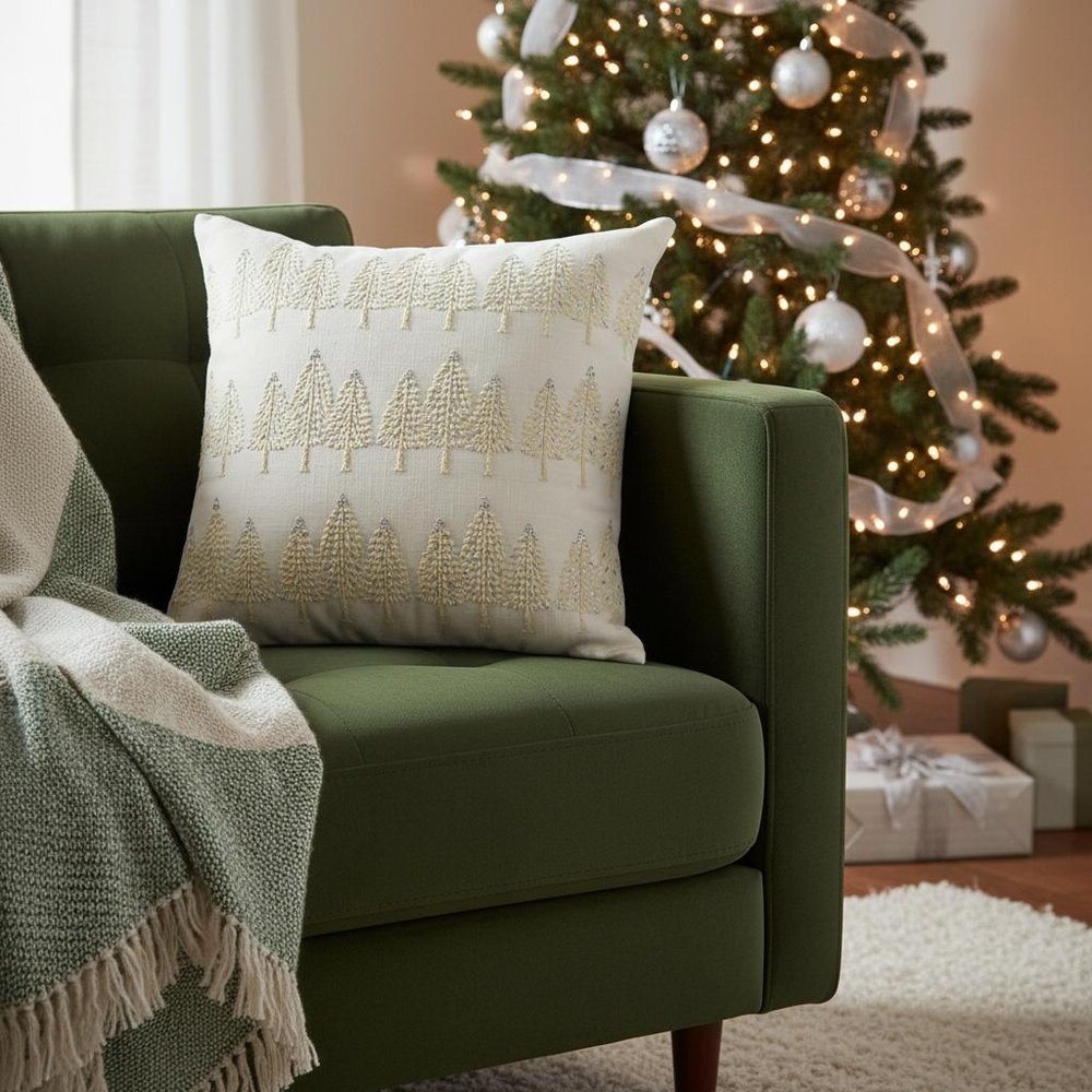 18" Ivory And Silver Cotton Christmas Trees Throw Pillow With Embroidery — view 7