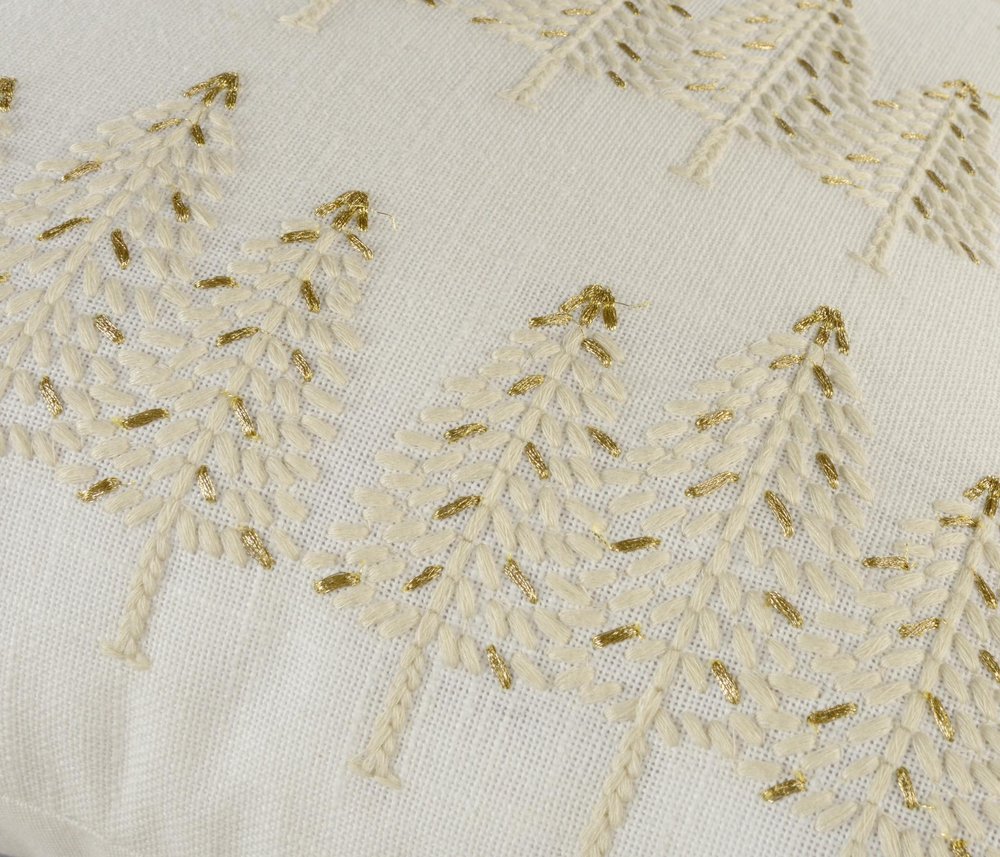 18" Ivory And Gold Cotton Christmas Trees Throw Pillow With Embroidery — view 1