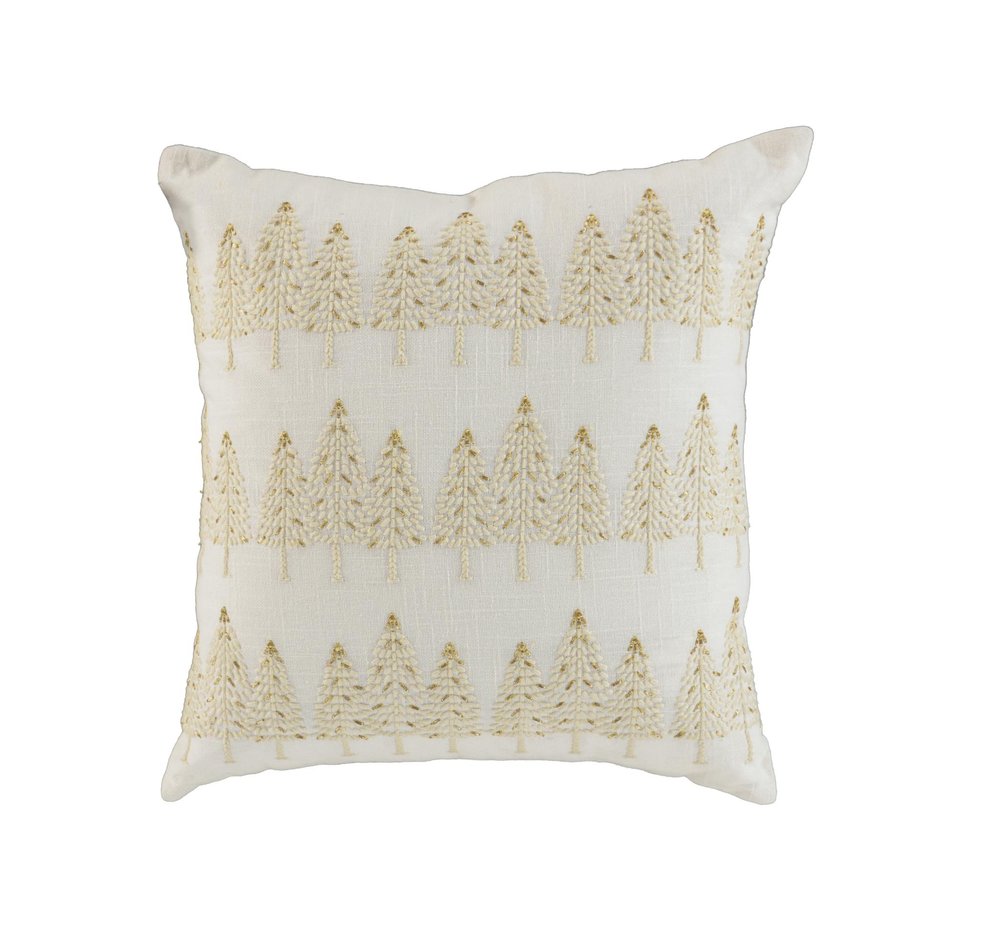 18" Ivory And Gold Cotton Christmas Trees Throw Pillow With Embroidery — view 2