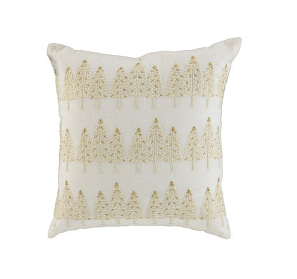 18" Ivory And Gold Cotton Christmas Trees Throw Pillow With Embroidery