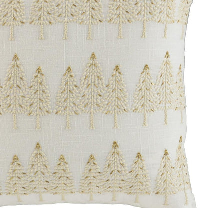 18" Ivory And Gold Cotton Christmas Trees Throw Pillow With Embroidery