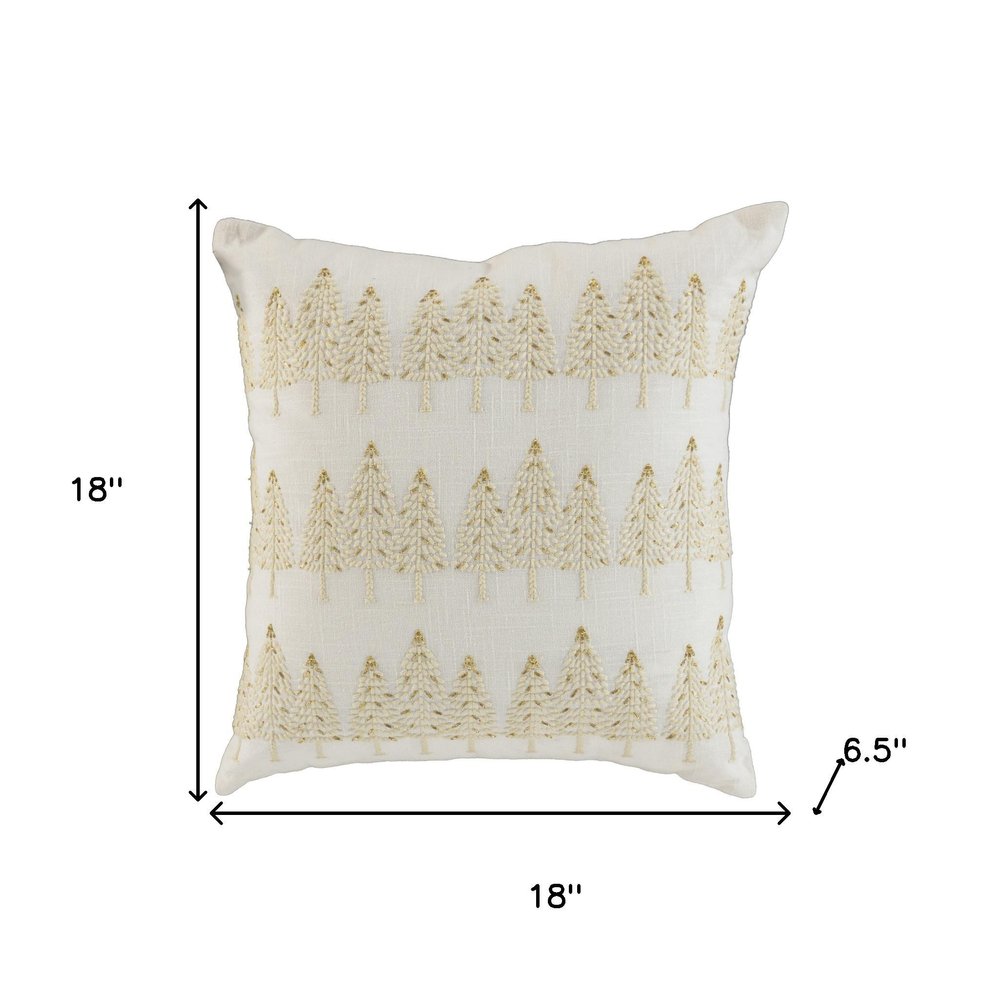 18" Ivory And Gold Cotton Christmas Trees Throw Pillow With Embroidery — view 6