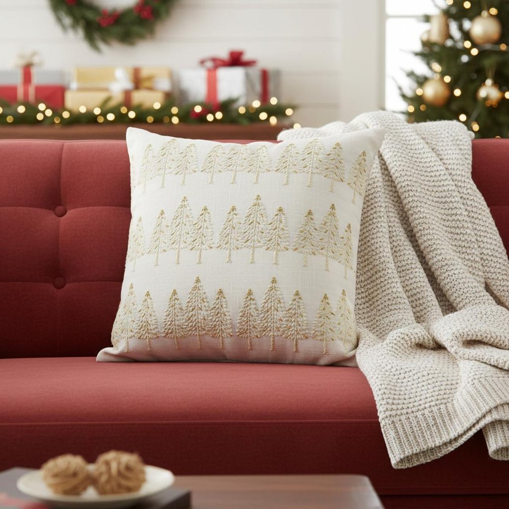 18" Ivory And Gold Cotton Christmas Trees Throw Pillow With Embroidery — view 7