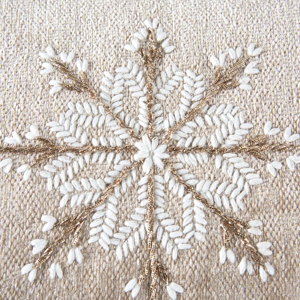 14" X 20" Beige Ivory And Gold Christmas Snowflakes Throw Pillow With Embroidery — view 1