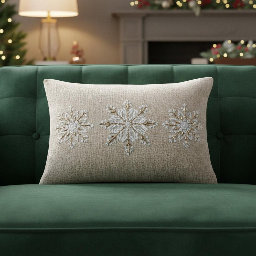 14" X 20" Beige Ivory And Gold Christmas Snowflakes Throw Pillow With Embroidery — view 7