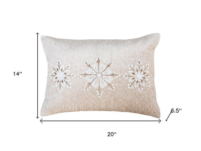 14" X 20" Beige Ivory And Gold Christmas Snowflakes Throw Pillow With Embroidery
