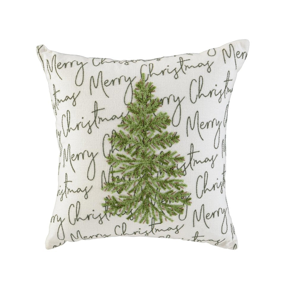 18" White And Green Cotton Merry Christmas Throw Pillow With Embroidery — view 2