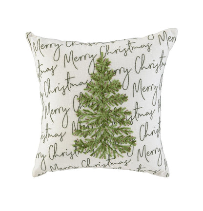 18" White And Green Cotton Merry Christmas Throw Pillow With Embroidery