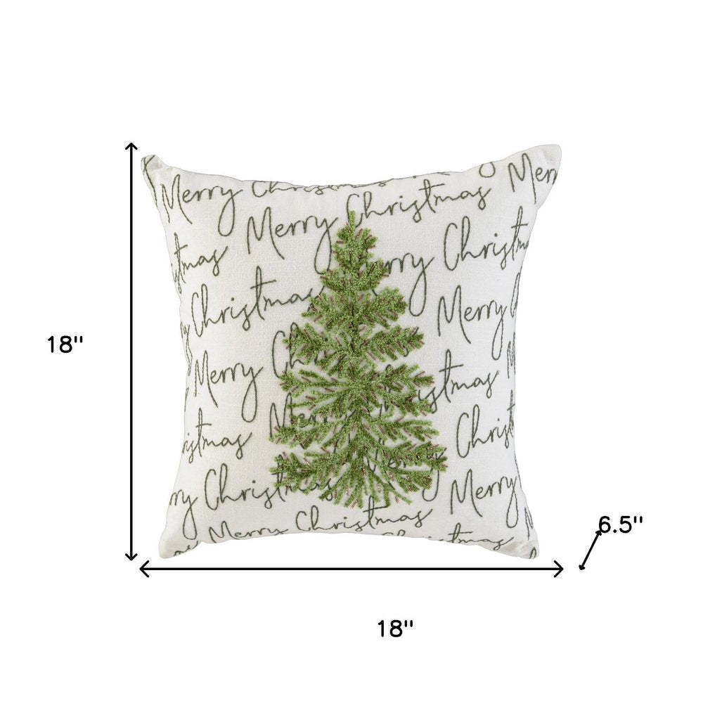 18" White And Green Cotton Merry Christmas Throw Pillow With Embroidery