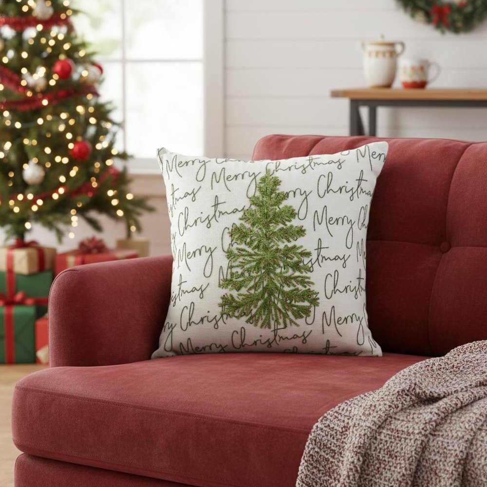 18" White And Green Cotton Merry Christmas Throw Pillow With Embroidery — view 5