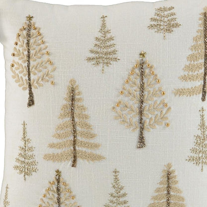 18" Natural Silver And Gold Cotton Christmas Trees Throw Pillow With Beads And Embroidery