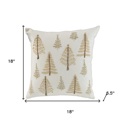 18" Natural Silver And Gold Cotton Christmas Trees Throw Pillow With Beads And Embroidery