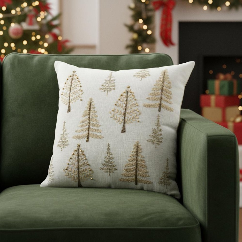 18" Natural Silver And Gold Cotton Christmas Trees Throw Pillow With Beads And Embroidery — view 7