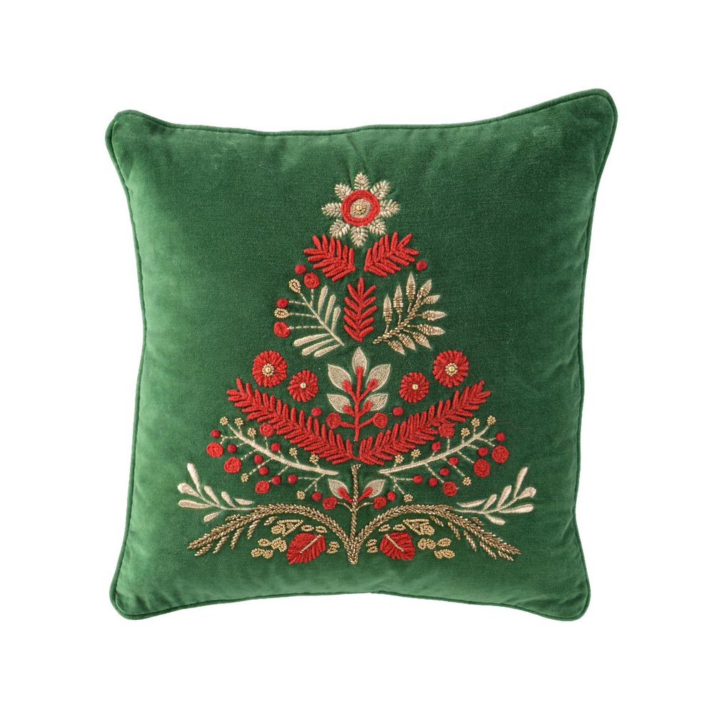 18" Green And Red Floral Velvet Cotton Christmas Tree Throw Pillow — view 2
