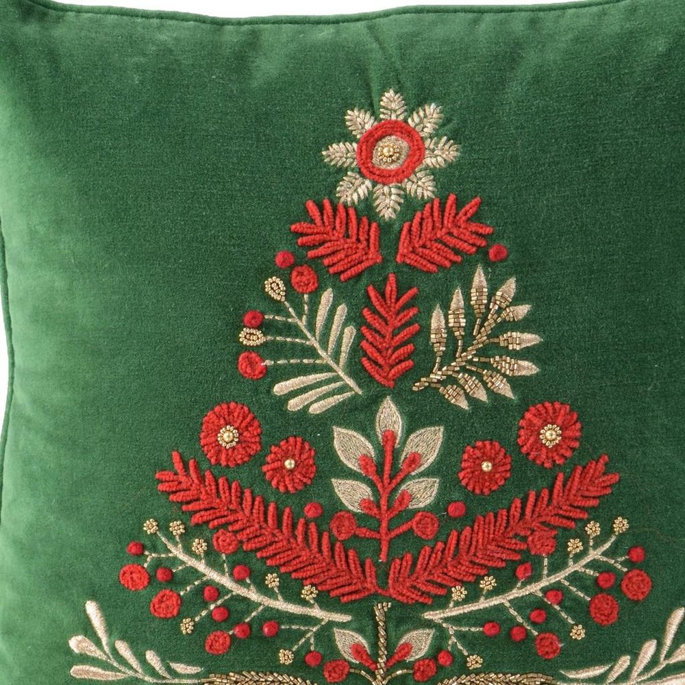 18" Green And Red Floral Velvet Cotton Christmas Tree Throw Pillow — view 4