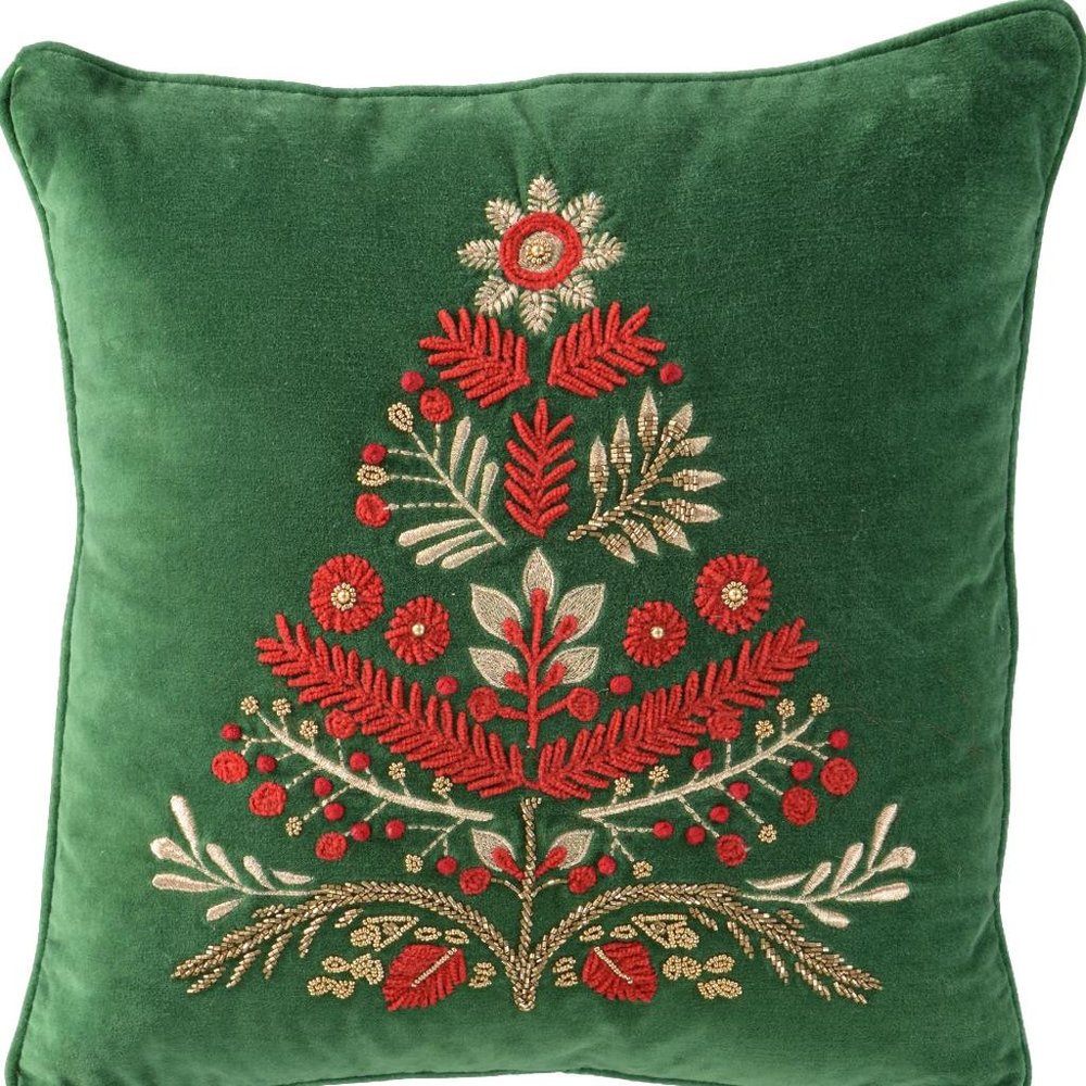 18" Green And Red Floral Velvet Cotton Christmas Tree Throw Pillow — view 5