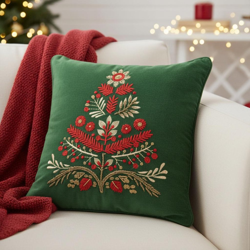 18" Green And Red Floral Velvet Cotton Christmas Tree Throw Pillow — view 7