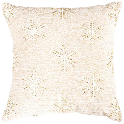 20" Natural And Gold Snowflakes Christmas Throw Pillow With Embroidery