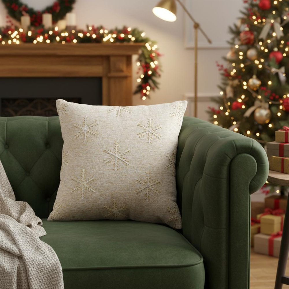 20" Natural And Gold Snowflakes Christmas Throw Pillow With Embroidery — view 4
