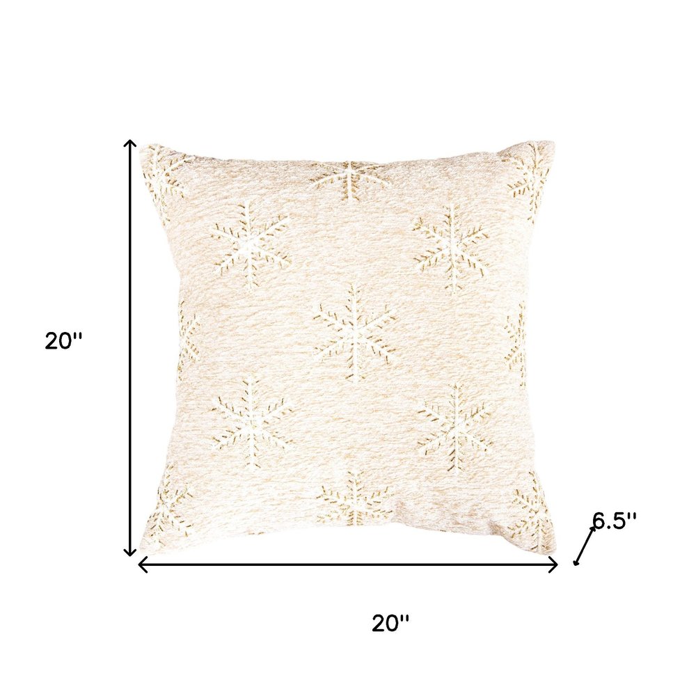 20" Natural And Gold Snowflakes Christmas Throw Pillow With Embroidery