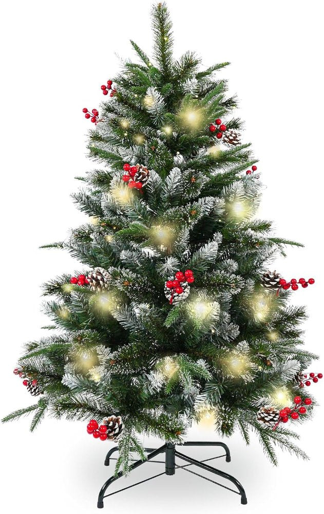 4' Green And White Pre Lit Full Flocked Pine Christmas Tree With Decorations HomeRoots