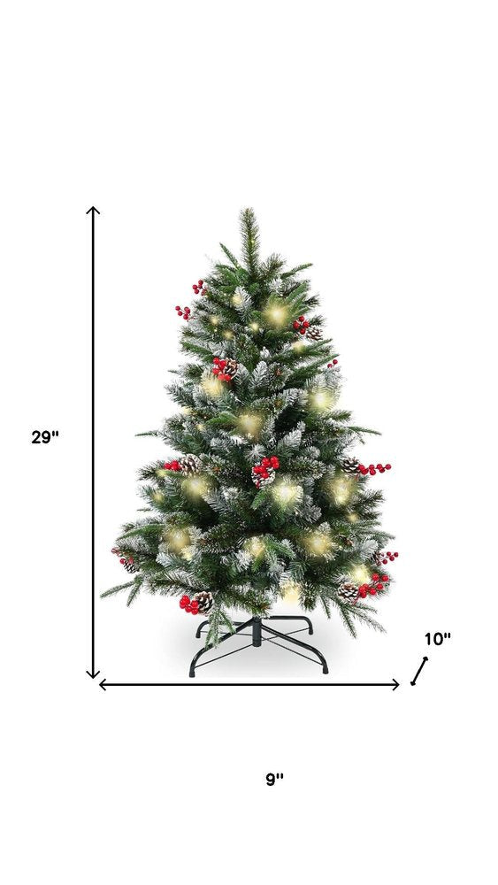 4' Green And White Pre Lit Full Flocked Pine Christmas Tree With Decorations HomeRoots