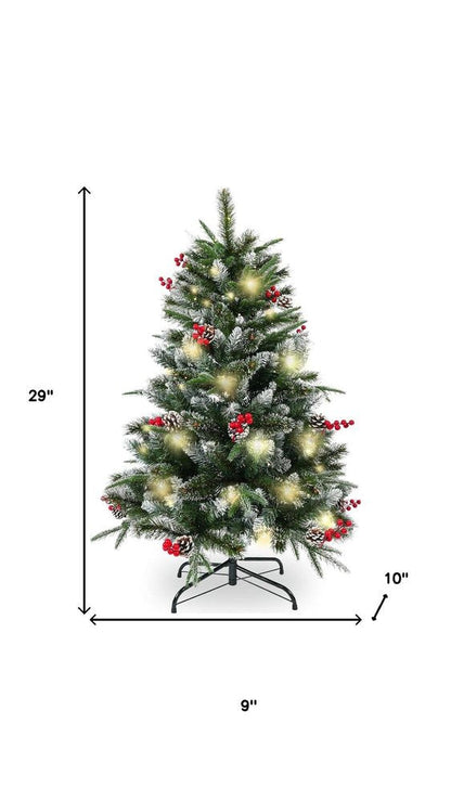 4' Green And White Pre Lit Full Flocked Pine Christmas Tree With Decorations HomeRoots