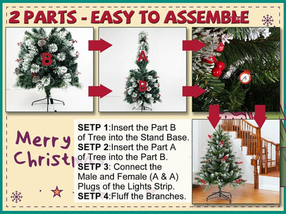 4' Green And White Pre Lit Full Flocked Pine Christmas Tree With Decorations HomeRoots