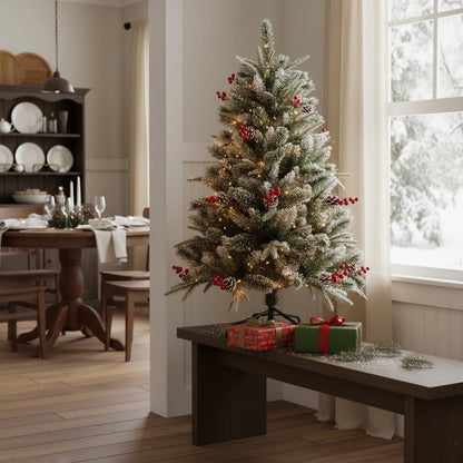 4' Green And White Pre Lit Full Flocked Pine Christmas Tree With Decorations HomeRoots